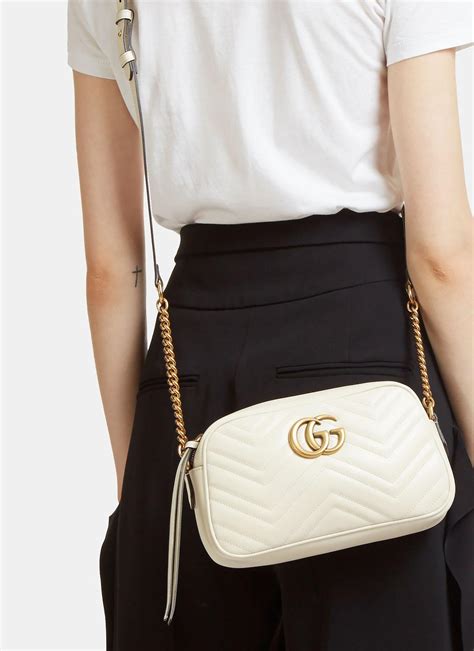 White Matelassé Leather GG Marmont Small Shoulder Bag